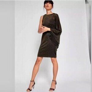 BNWT Ted Baker London Monyca Black Gold Metallic One Shoulder Draped Dress